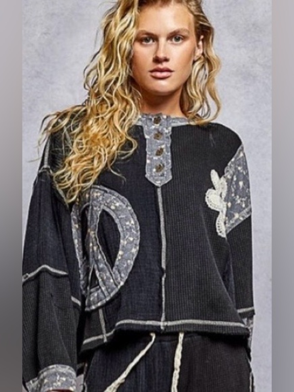 NWT POL Black Patchwork Floral Top